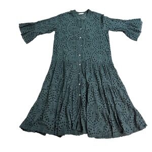 Made in Italy Forest Green Eyelet Lace Tiered Midi Dress Bell Sleeve Boho M